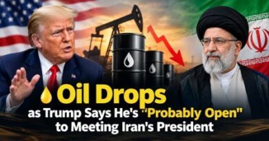 Donald Trump and Iran’s president depicted with oil barrels, an oil pumpjack, U.S. and Iranian flags, and a downward price arrow.