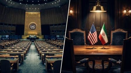 Split-screen illustration showing the empty UN General Assembly hall on the left and a dark negotiating table with US and Iranian flags under a hanging light on the right.